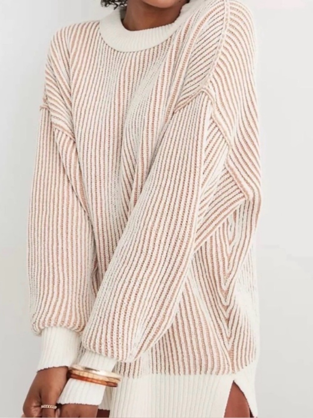 aerie Cream & Blush Striped Ribbed Crewneck Sweater oversized
